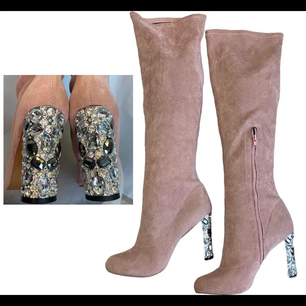 Faux Suede Over Knee Boots Rhinestone Block High Heel Stretch Thigh Boot pink 🔥 - Picture 12 of 12